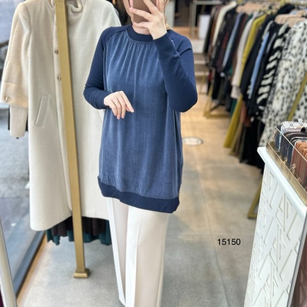 15150 Kolları Merserize Önü İpek Kupra Fermuar Detaylı Tunik - Görsel 15