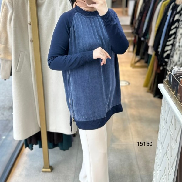 15150 Kolları Merserize Önü İpek Kupra Fermuar Detaylı Tunik - Görsel 12