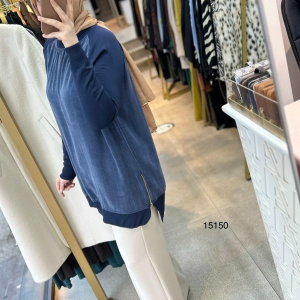 15150 Kolları Merserize Önü İpek Kupra Fermuar Detaylı Tunik - Görsel 13