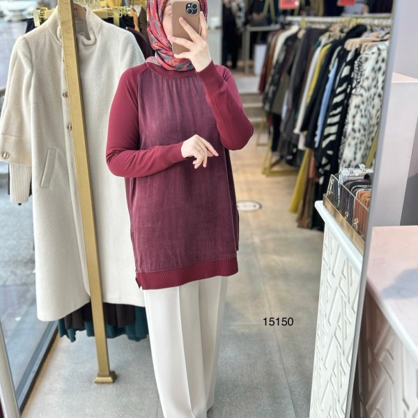 15150 Kolları Merserize Önü İpek Kupra Fermuar Detaylı Tunik - Görsel 6