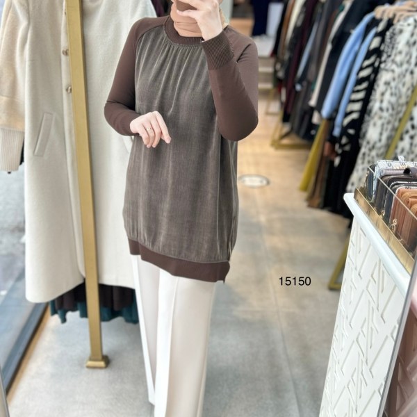 15150 Kolları Merserize Önü İpek Kupra Fermuar Detaylı Tunik - Görsel 2