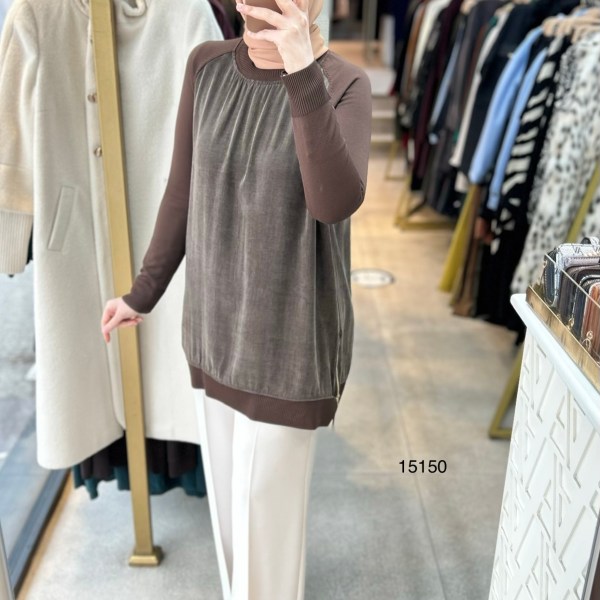 15150 Kolları Merserize Önü İpek Kupra Fermuar Detaylı Tunik - Görsel 1