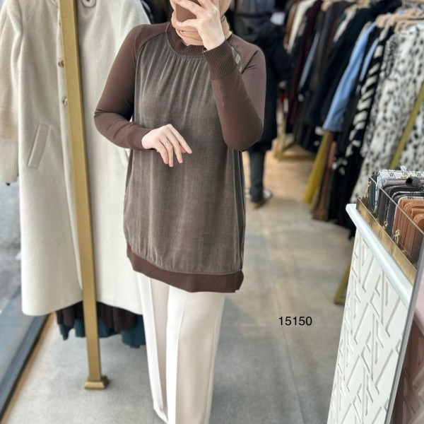 15150 Kolları Merserize Önü İpek Kupra Fermuar Detaylı Tunik - Görsel 3