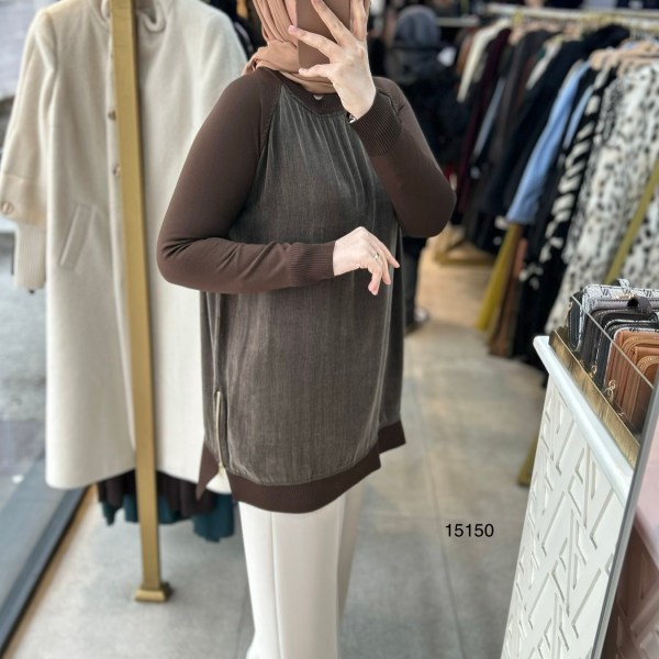 15150 Kolları Merserize Önü İpek Kupra Fermuar Detaylı Tunik - Görsel 5