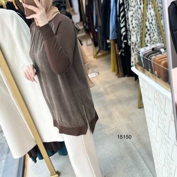 15150 Kolları Merserize Önü İpek Kupra Fermuar Detaylı Tunik - Görsel 4