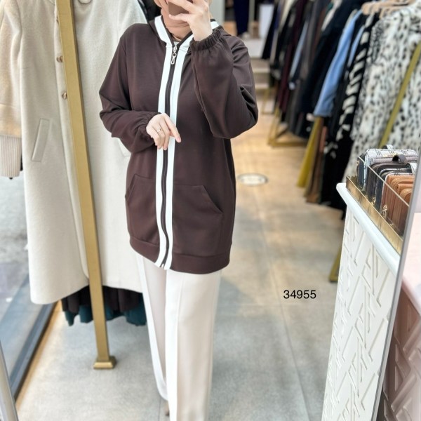 34955 Şerit Detaylı Kapüşonlu Kap - Görsel 7