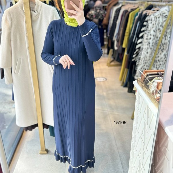 15105 Fitilli Kolları Taş Detaylı Triko Elbise - Görsel 11