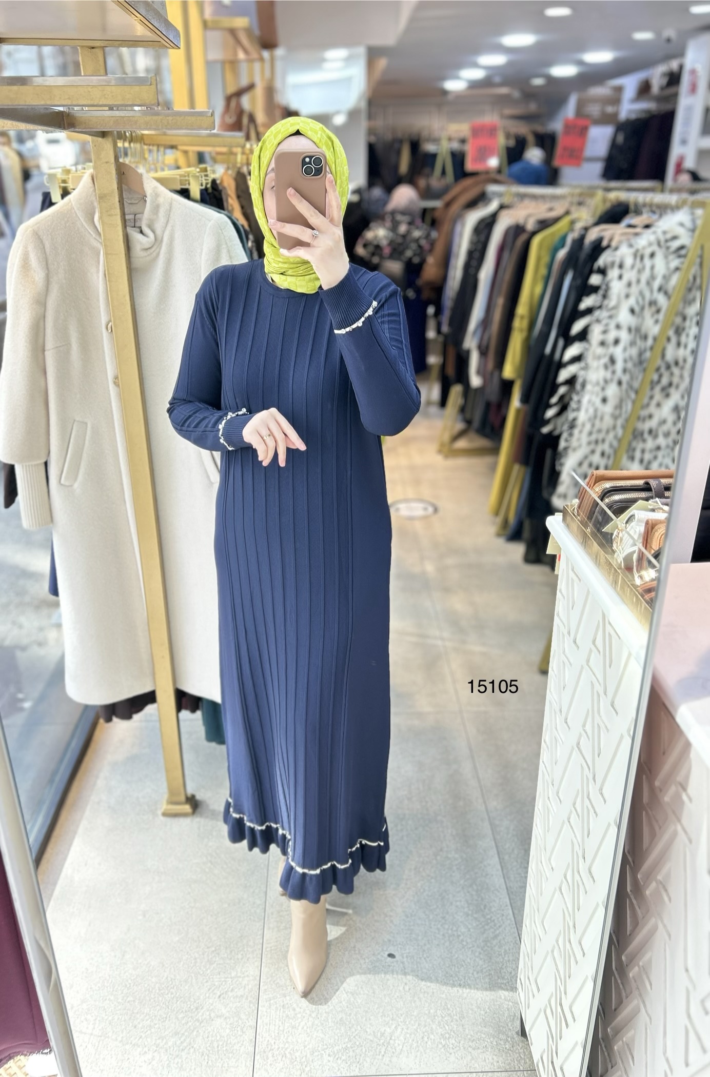 15105 Fitilli Kolları Taş Detaylı Triko Elbise