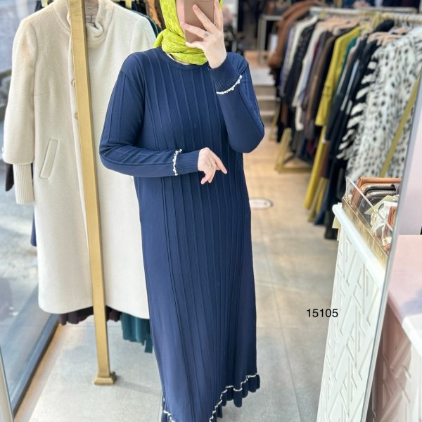 15105 Fitilli Kolları Taş Detaylı Triko Elbise - Görsel 12