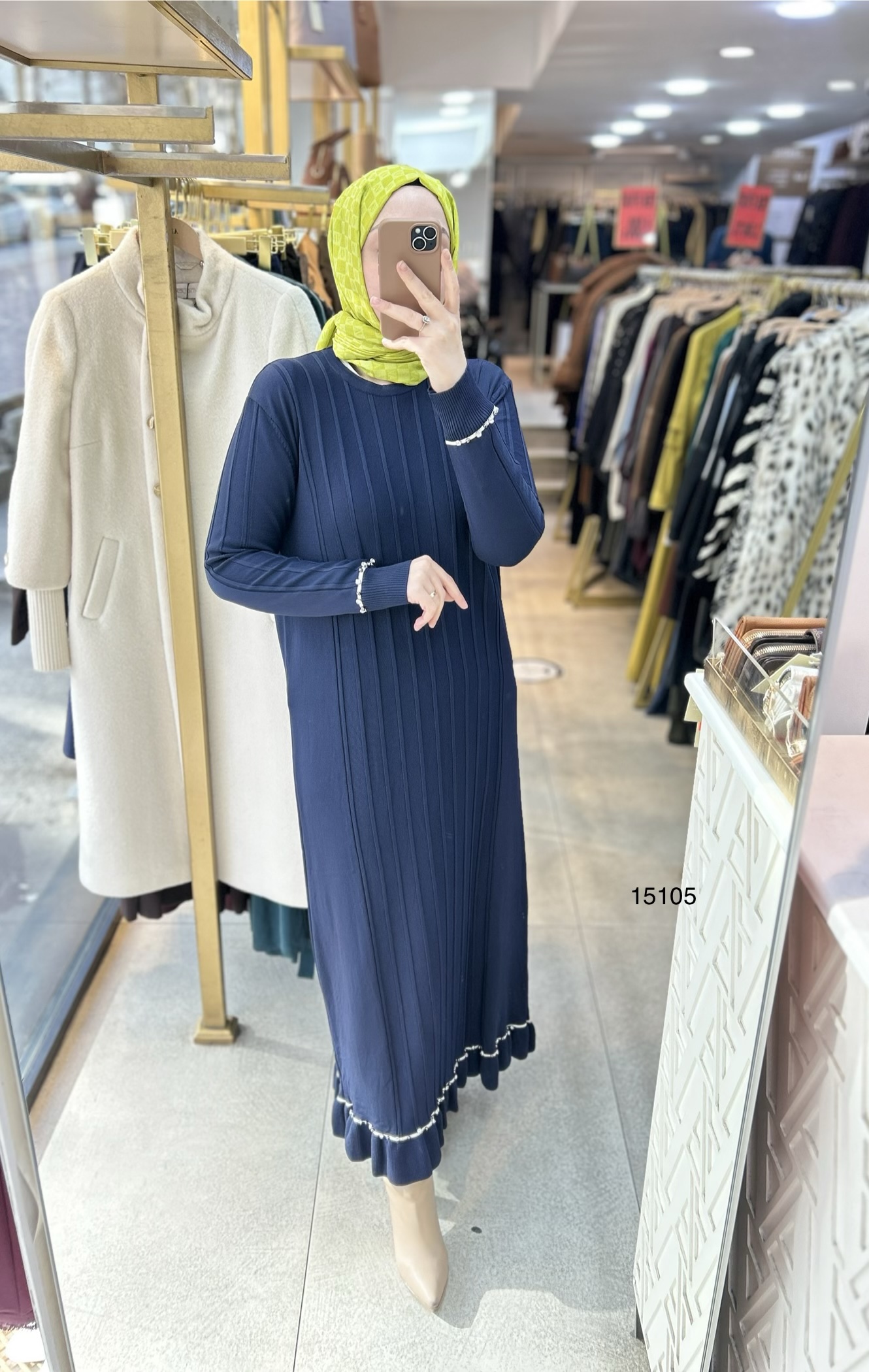 15105 Fitilli Kolları Taş Detaylı Triko Elbise