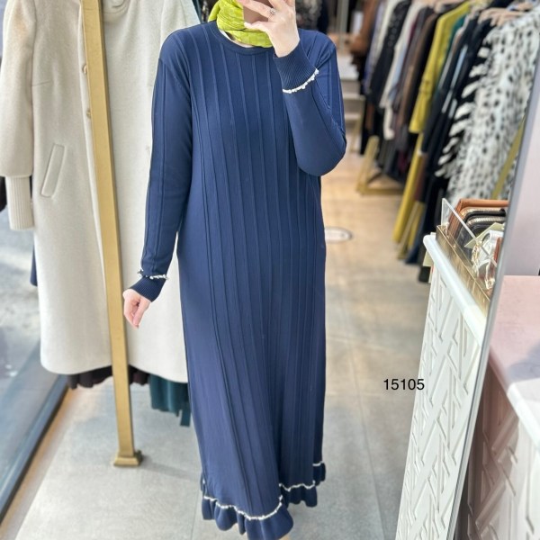 15105 Fitilli Kolları Taş Detaylı Triko Elbise - Görsel 7