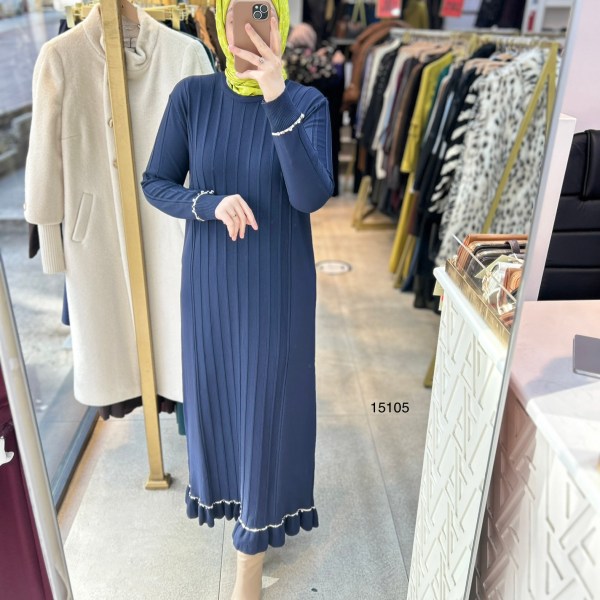 15105 Fitilli Kolları Taş Detaylı Triko Elbise - Görsel 8