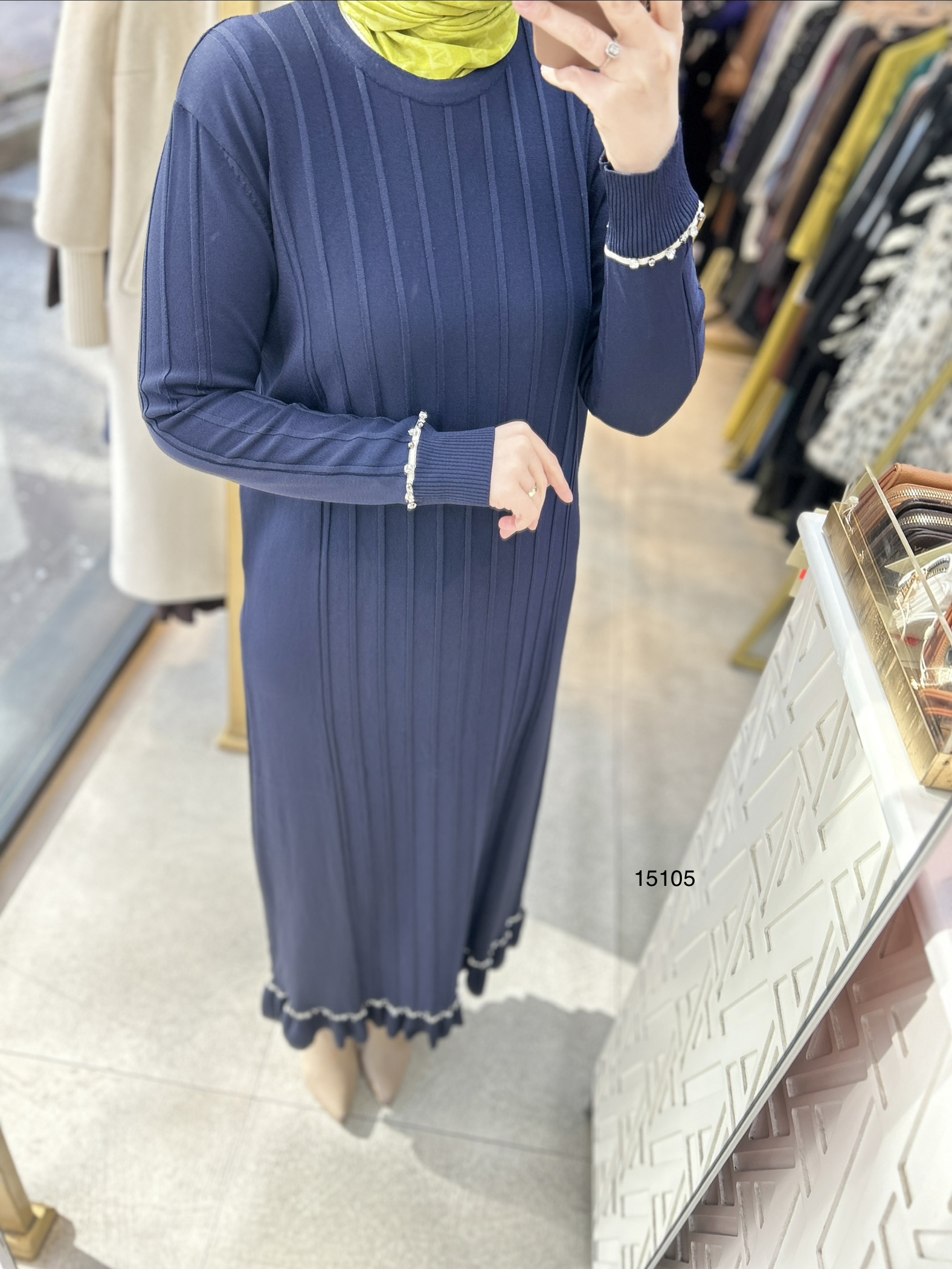 15105 Fitilli Kolları Taş Detaylı Triko Elbise - Görsel 9