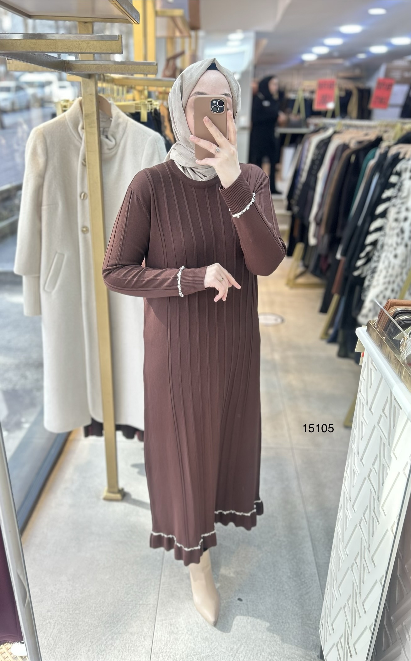 15105 Fitilli Kolları Taş Detaylı Triko Elbise