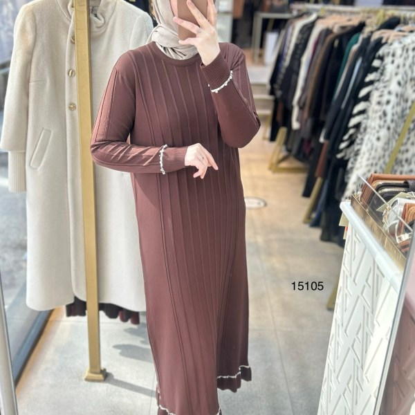 15105 Fitilli Kolları Taş Detaylı Triko Elbise - Görsel 4