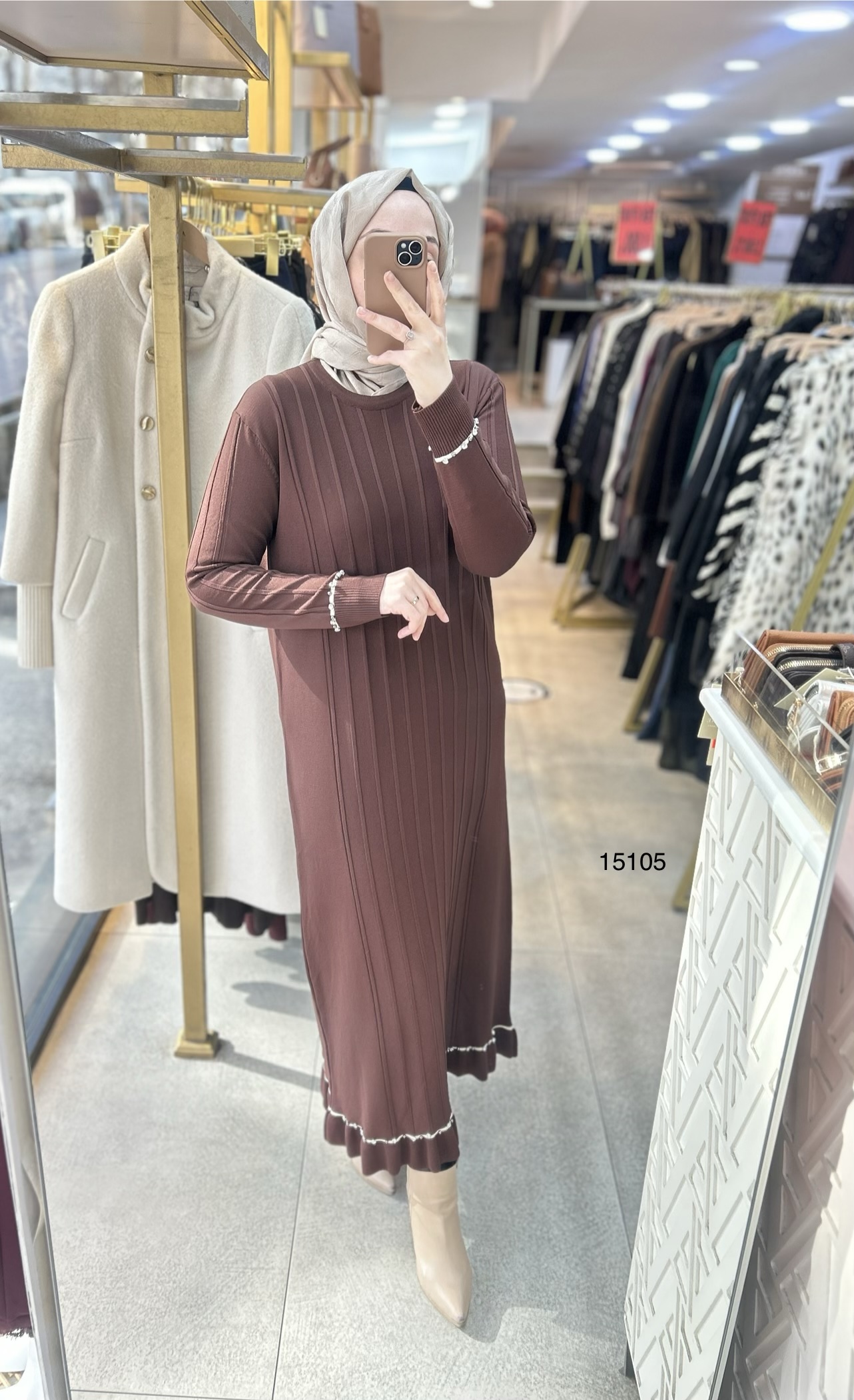 15105 Fitilli Kolları Taş Detaylı Triko Elbise