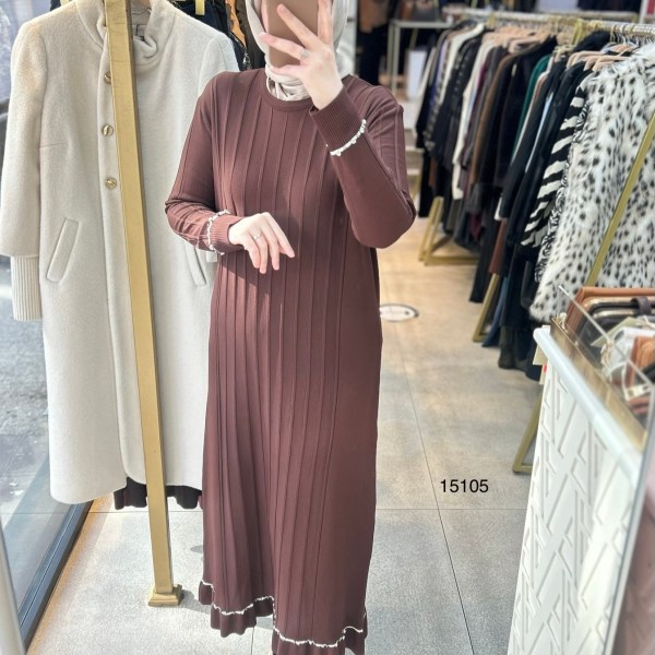 15105 Fitilli Kolları Taş Detaylı Triko Elbise - Görsel 5