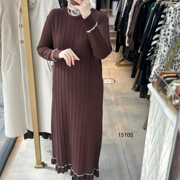 15105 Fitilli Kolları Taş Detaylı Triko Elbise - Görsel 1