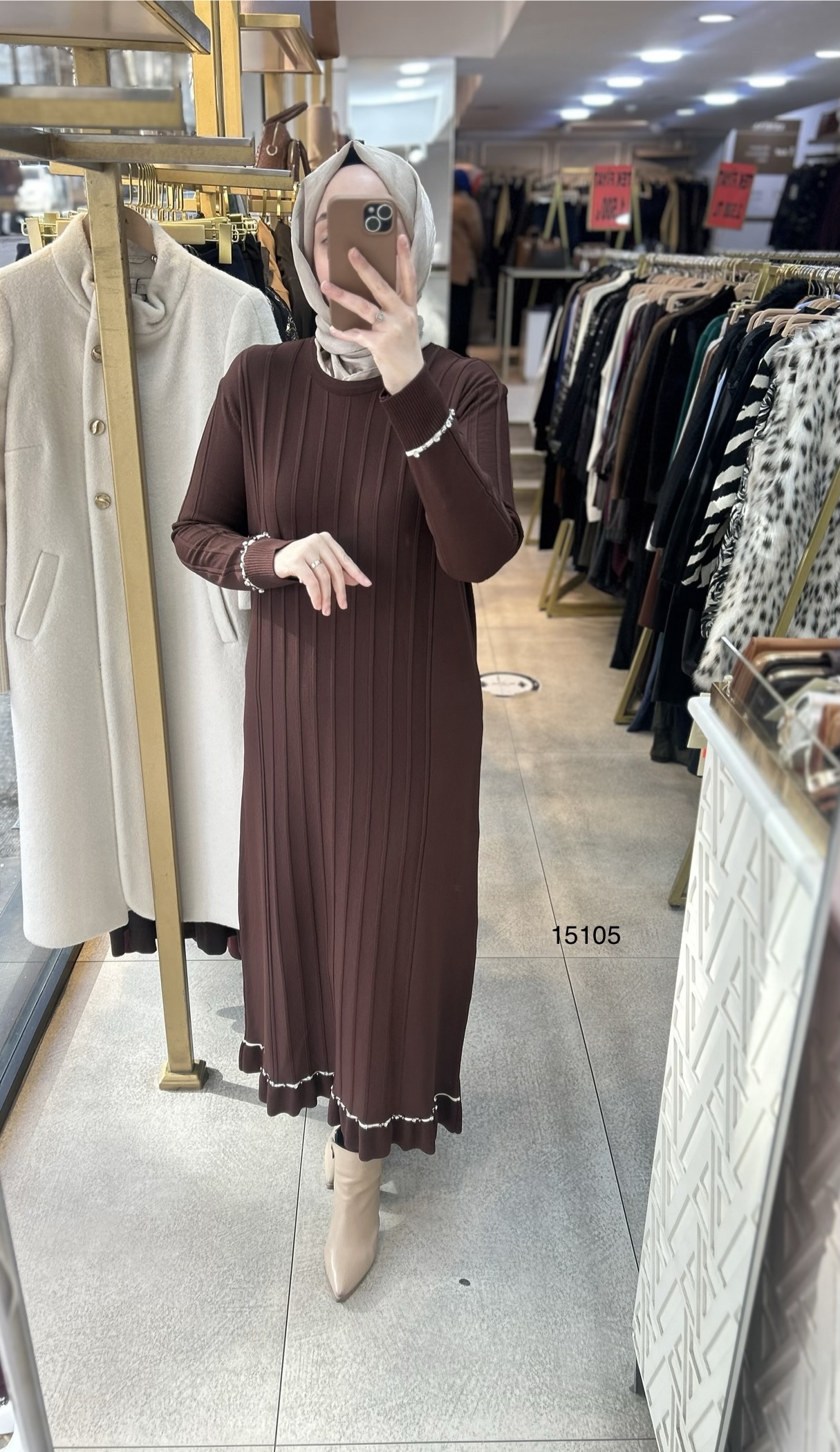 15105 Fitilli Kolları Taş Detaylı Triko Elbise