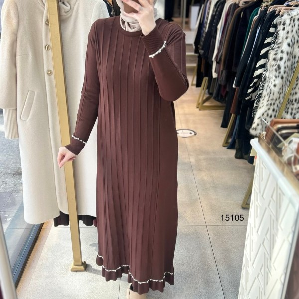 15105 Fitilli Kolları Taş Detaylı Triko Elbise - Görsel 2