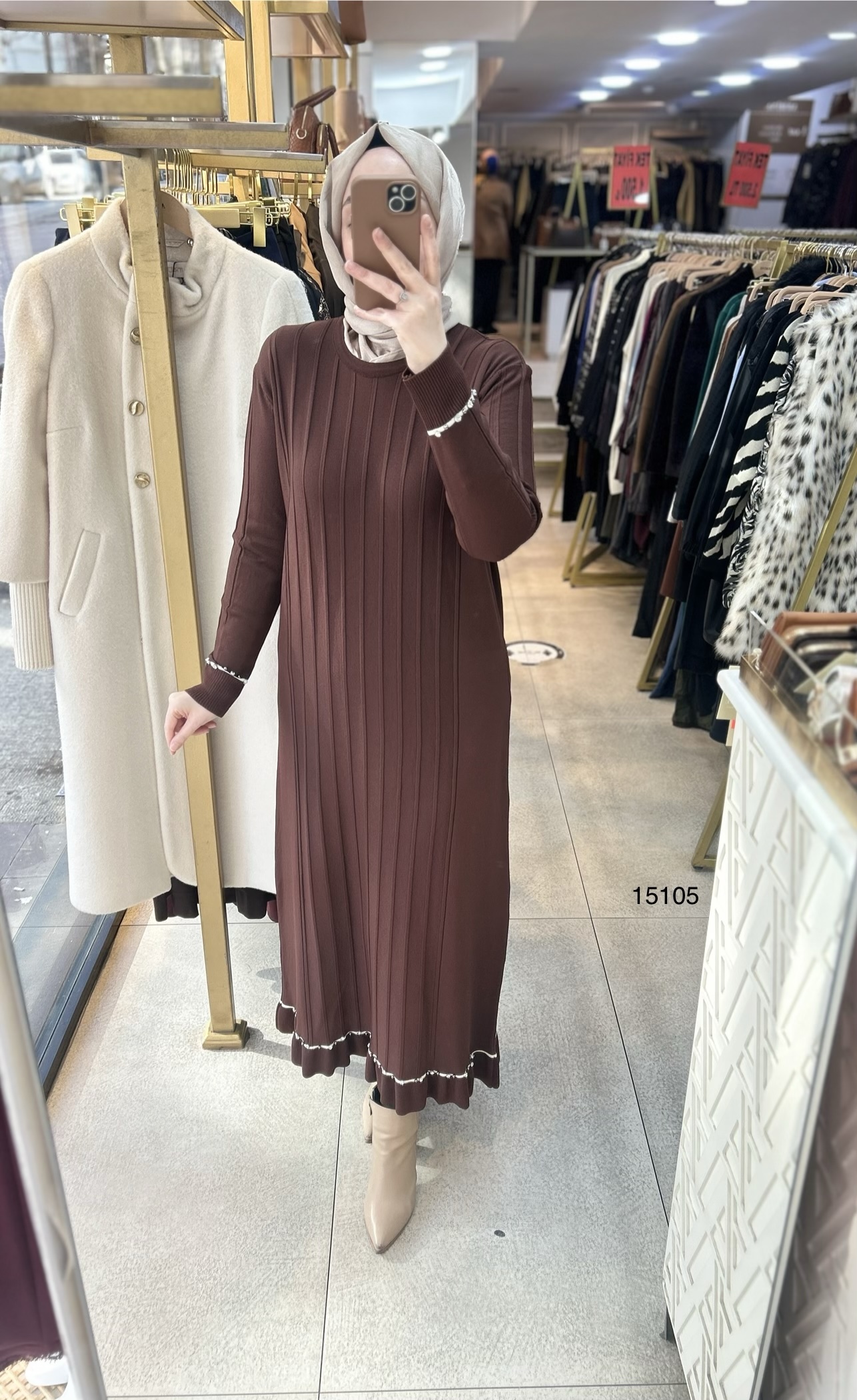 15105 Fitilli Kolları Taş Detaylı Triko Elbise