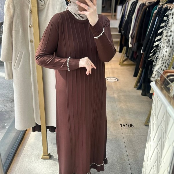 15105 Fitilli Kolları Taş Detaylı Triko Elbise - Görsel 3