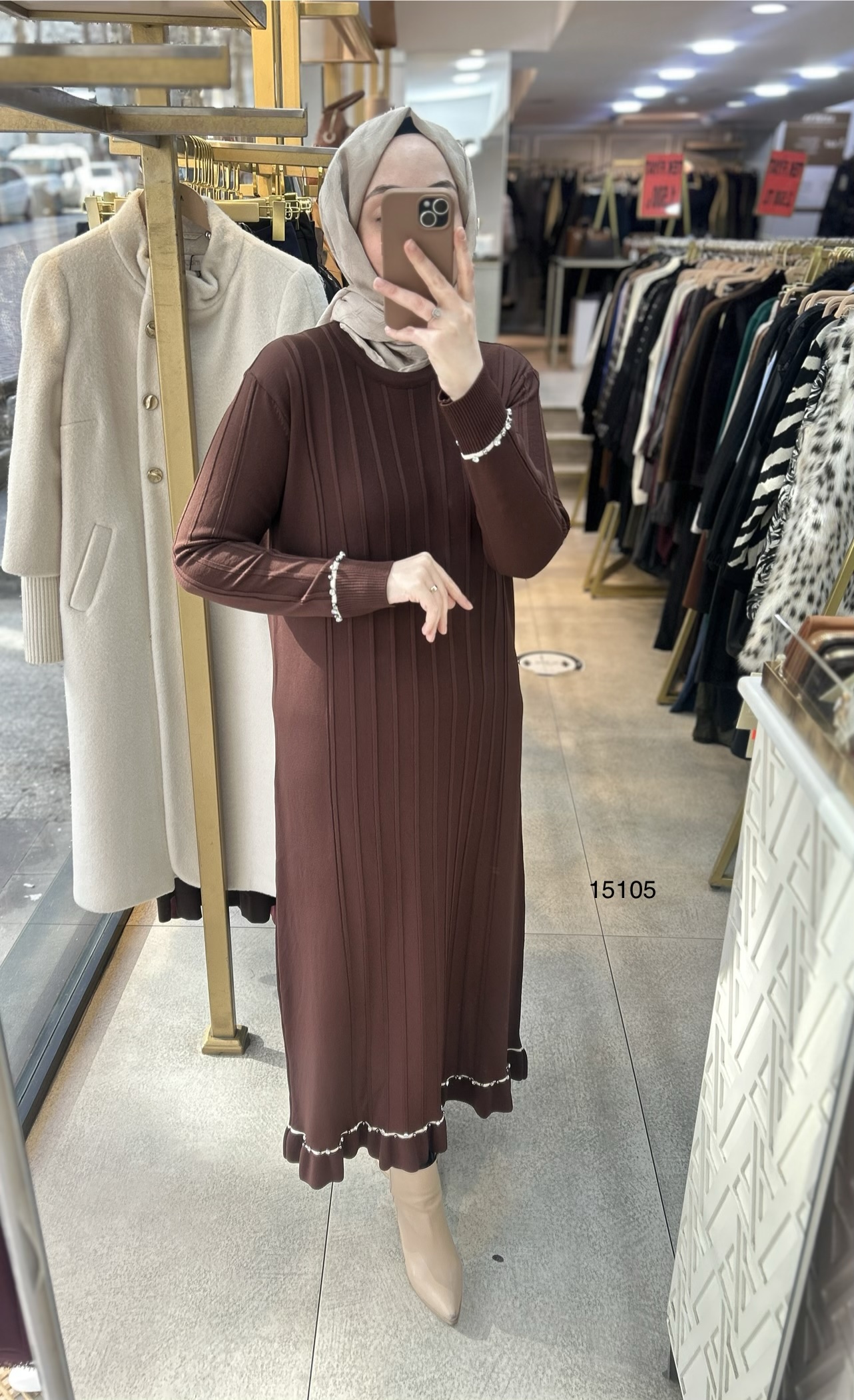 15105 Fitilli Kolları Taş Detaylı Triko Elbise