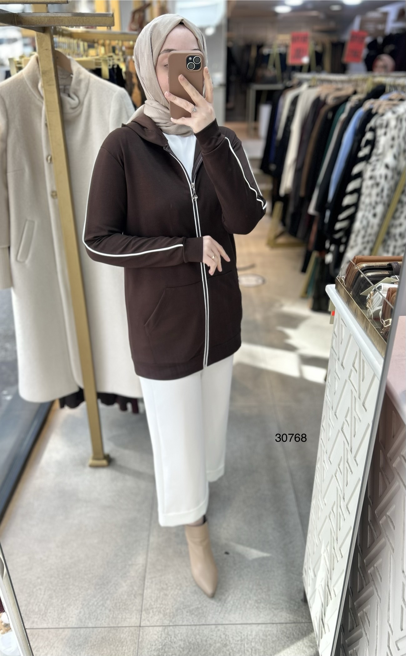 30768 Şerit Detaylı Fermuarlı Kapüşonlu Kap