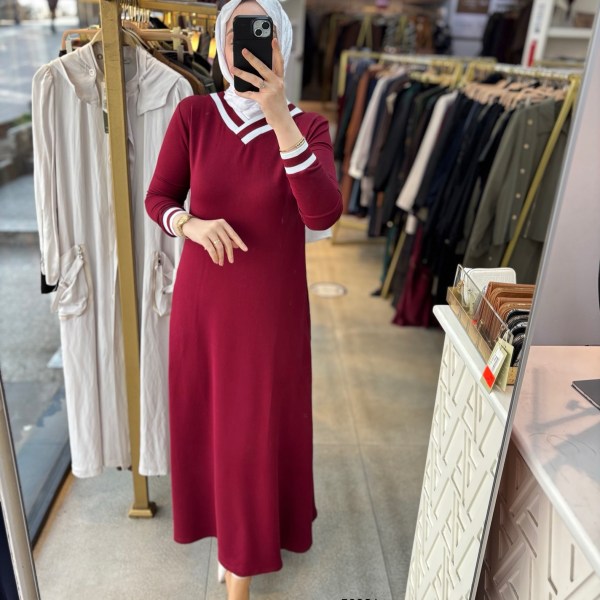 59931 V yaka Çizgili Elbise - Görsel 4