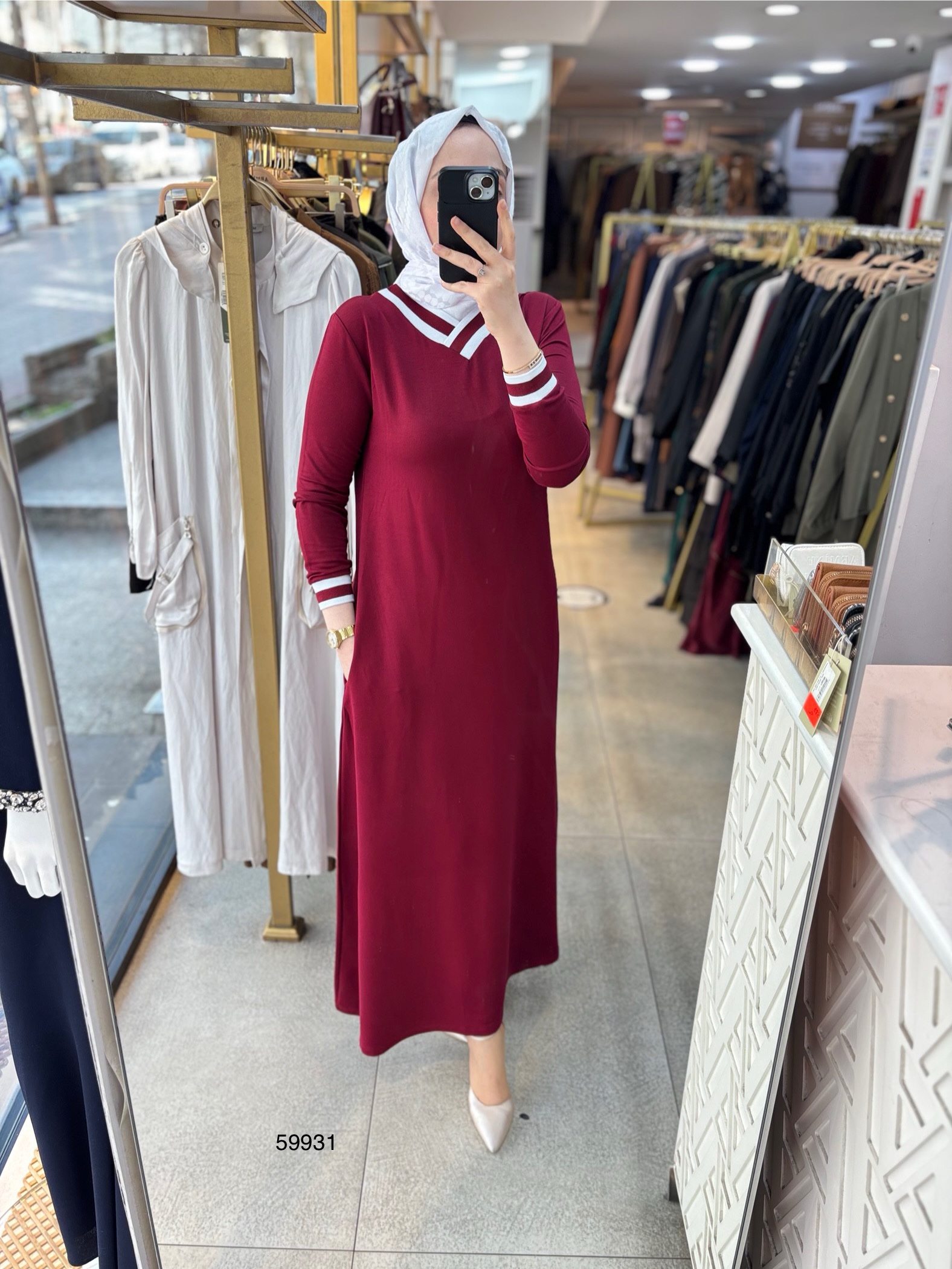 59931 V yaka Çizgili Elbise - Görsel 8