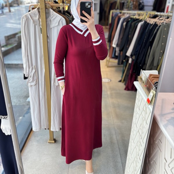 59931 V yaka Çizgili Elbise - Görsel 6