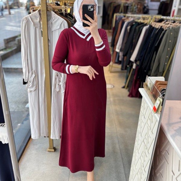 59931 V yaka Çizgili Elbise - Görsel 5