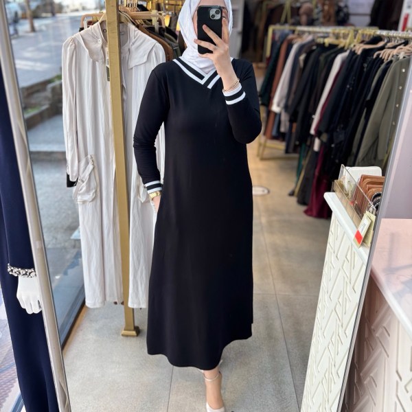 59931 V yaka Çizgili Elbise - Görsel 3