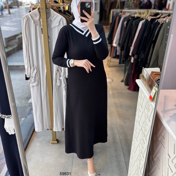 59931 V yaka Çizgili Elbise - Görsel 11