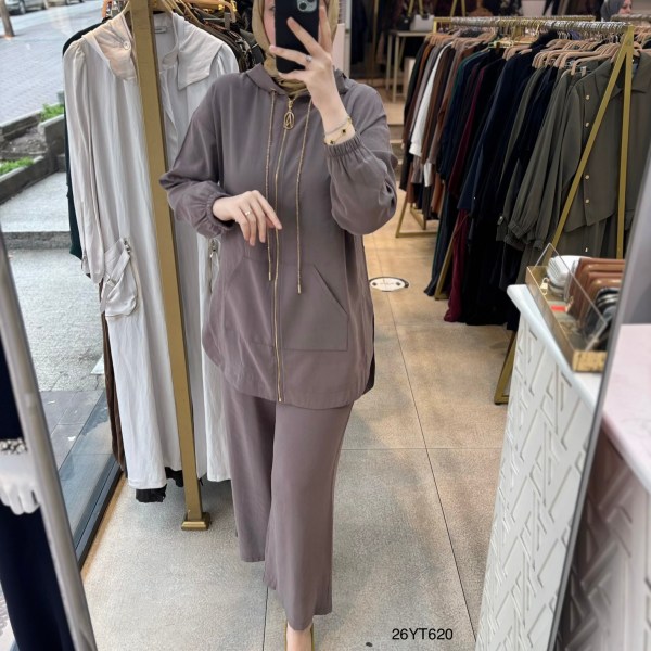 26YT620 Önden Fermuarlı Kapüşonlu Spor Takım - Görsel 1