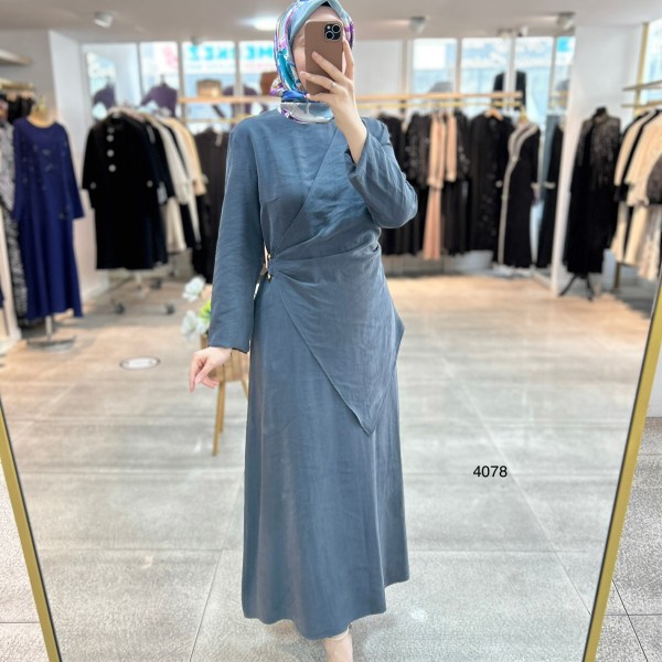 4078 Asimetrik Kesim Detaylı Elbise - Görsel 15