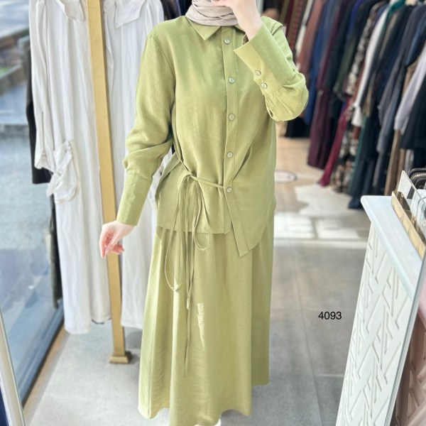 4093 Belden Bağlamalı Asimetrik Kesim Etekli Takım - Görsel 1