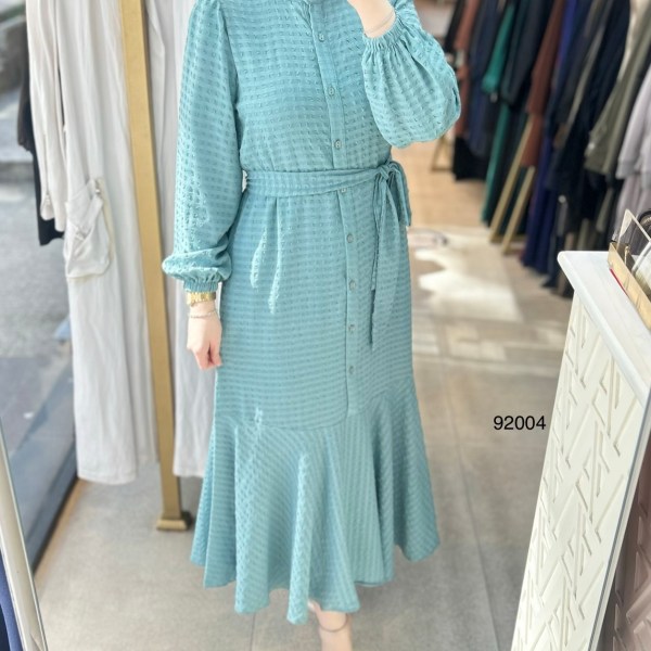 92004 Gofre Kumaş Kemerli Elbise - Görsel 27