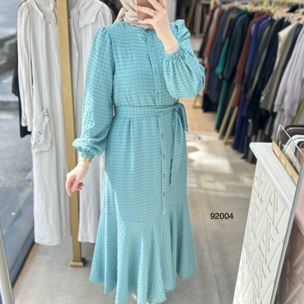 92004 Gofre Kumaş Kemerli Elbise - Görsel 17