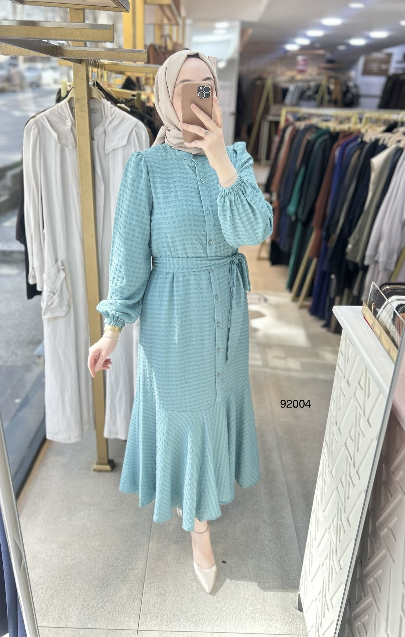 92004 Gofre Kumaş Kemerli Elbise