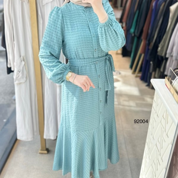 92004 Gofre Kumaş Kemerli Elbise - Görsel 29