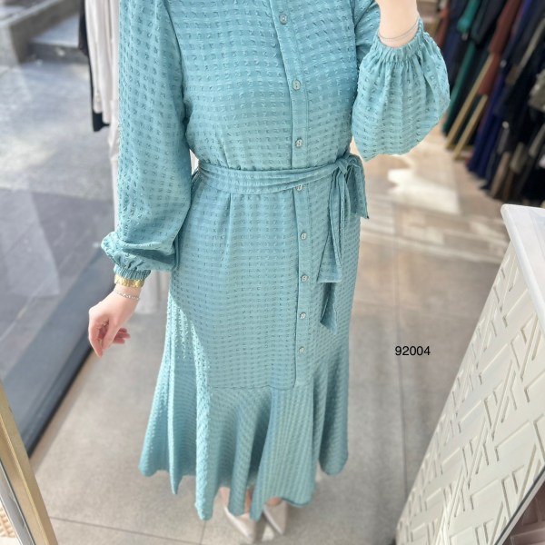 92004 Gofre Kumaş Kemerli Elbise - Görsel 28