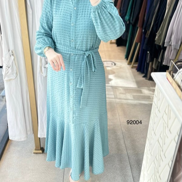 92004 Gofre Kumaş Kemerli Elbise - Görsel 26