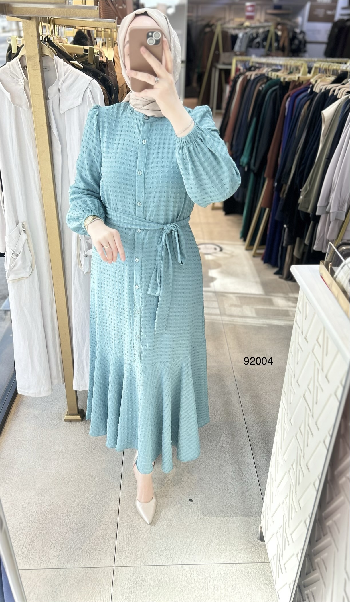 92004 Gofre Kumaş Kemerli Elbise