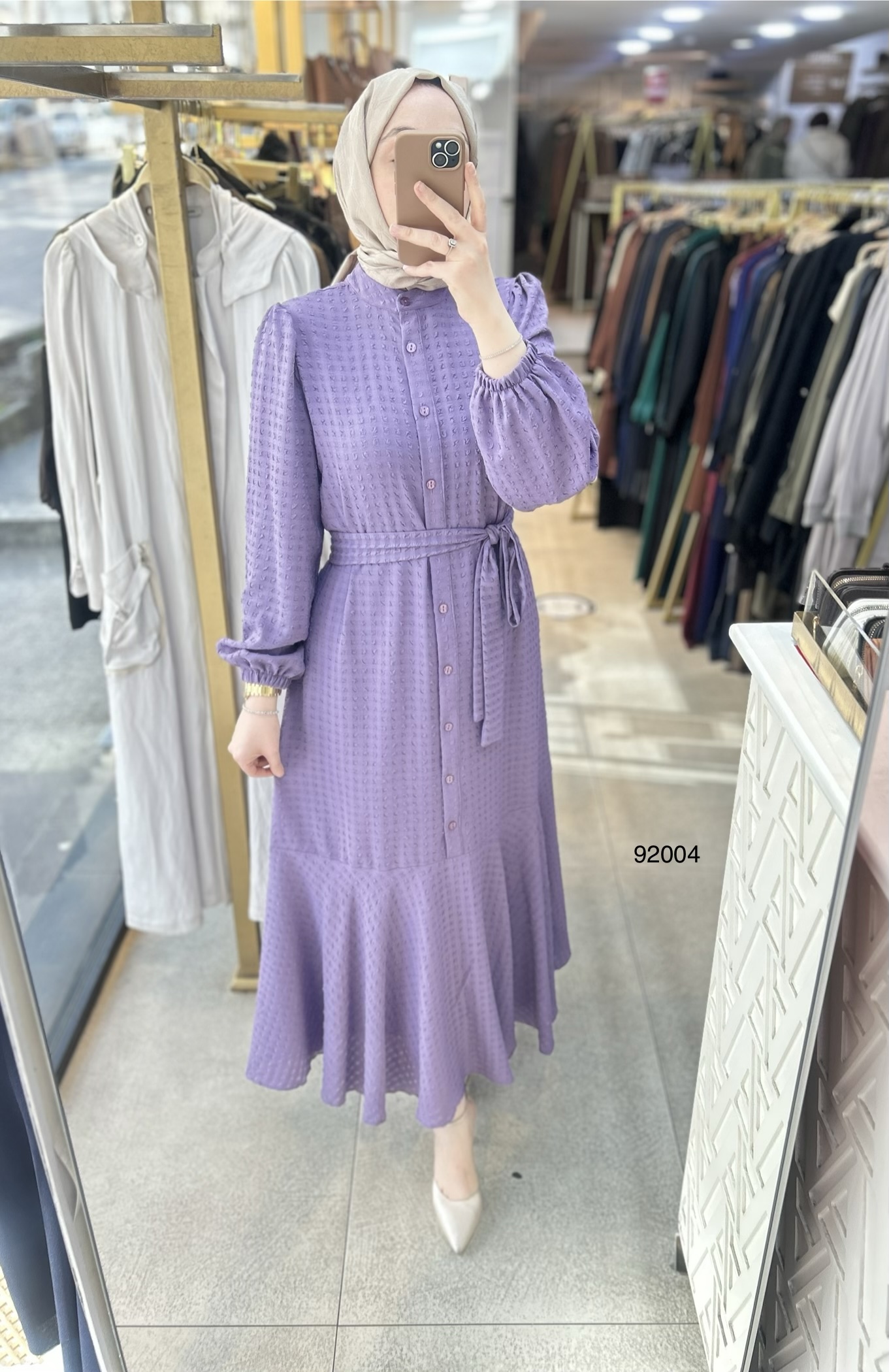 92004 Gofre Kumaş Kemerli Elbise