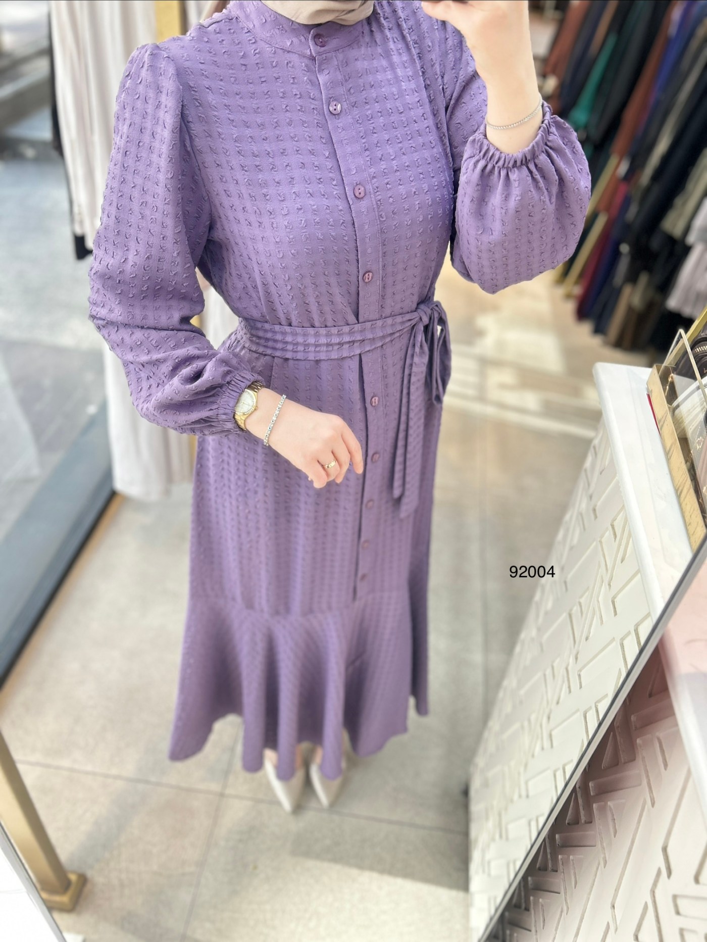 92004 Gofre Kumaş Kemerli Elbise