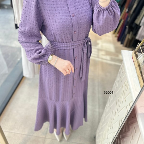 92004 Gofre Kumaş Kemerli Elbise - Görsel 10