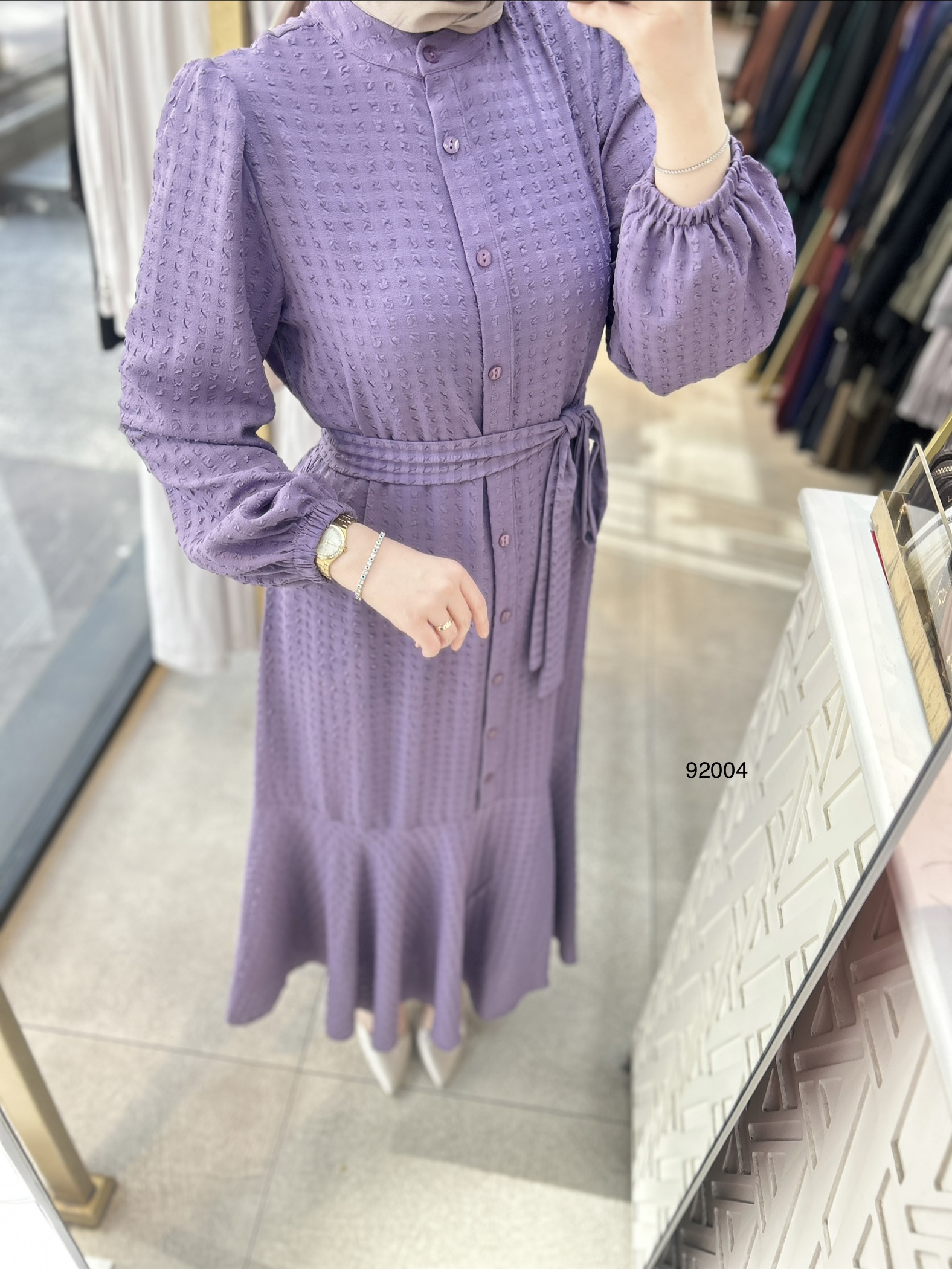 92004 Gofre Kumaş Kemerli Elbise - Görsel 10