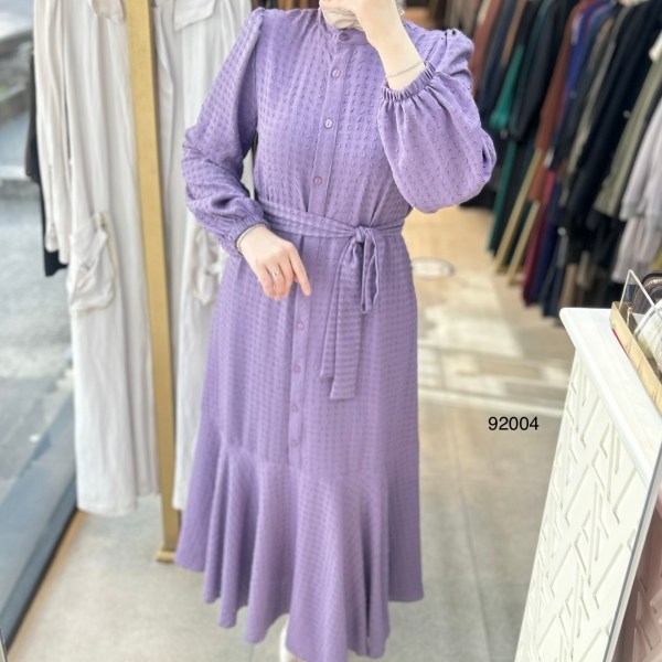 92004 Gofre Kumaş Kemerli Elbise - Görsel 11