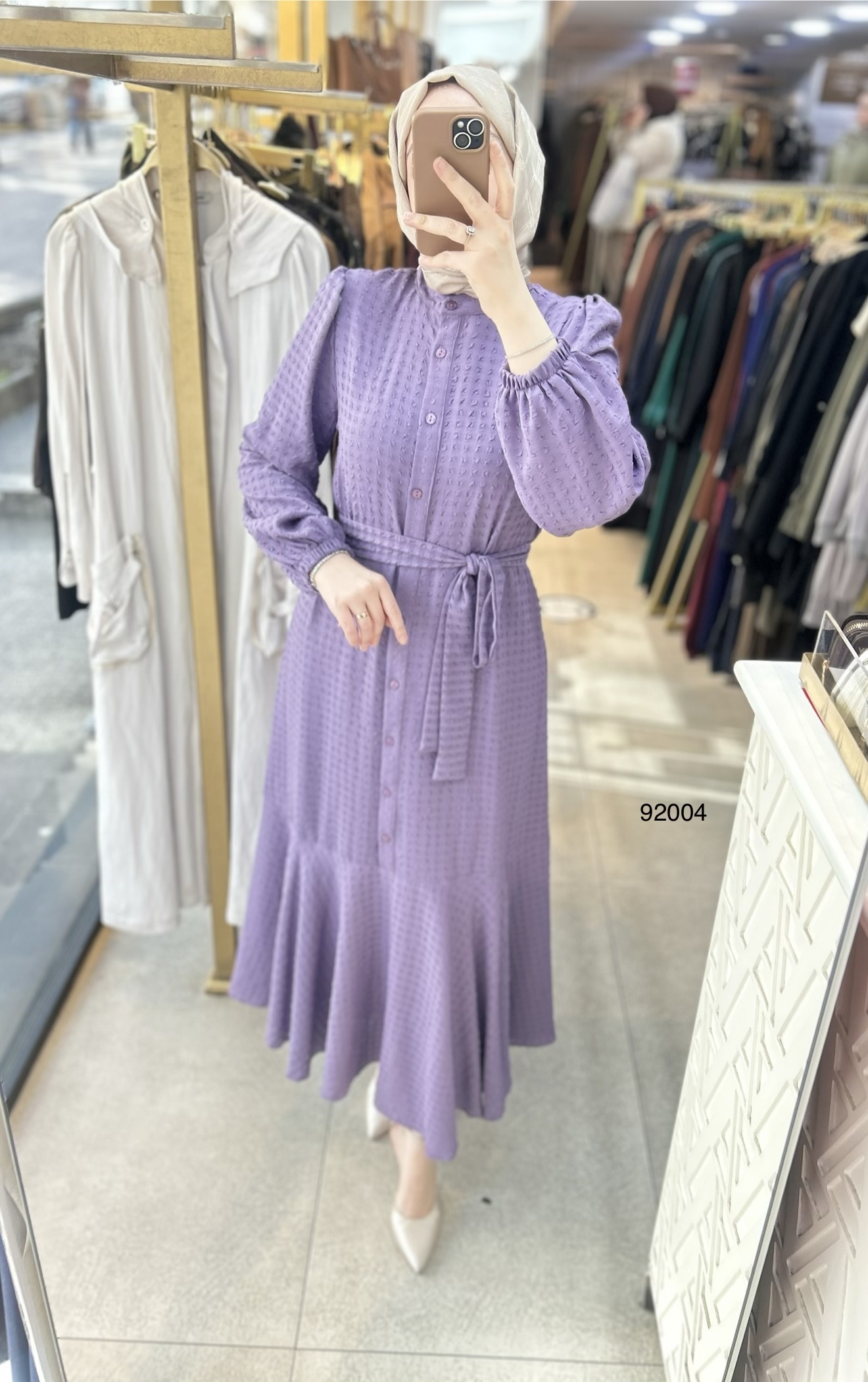 92004 Gofre Kumaş Kemerli Elbise